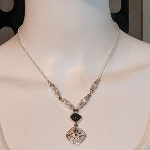 Silver & black stone drop necklace